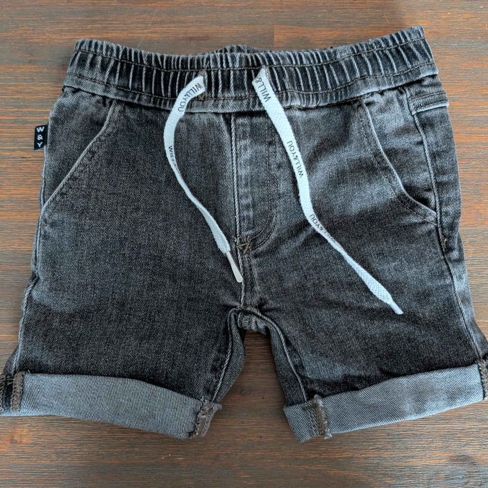 Kids Black Washed Knit Denim Shorts with Adjustable Drawstring